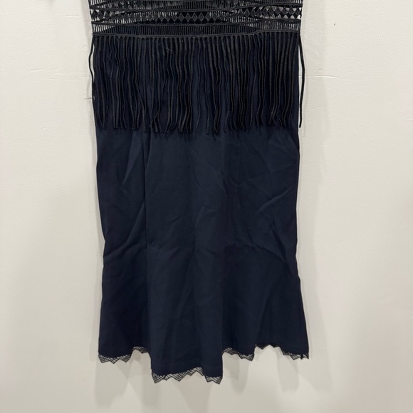 Jonathan Simkhai Navy Blue Black Crochet Fringe Fluted Dress Knee Length Size 2 - Picture 4 of 9